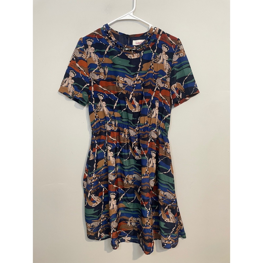 Louche Owl Print Short Sleeve Mini Dress Size‎ UK 14 (US 12) Novelty Eclectic